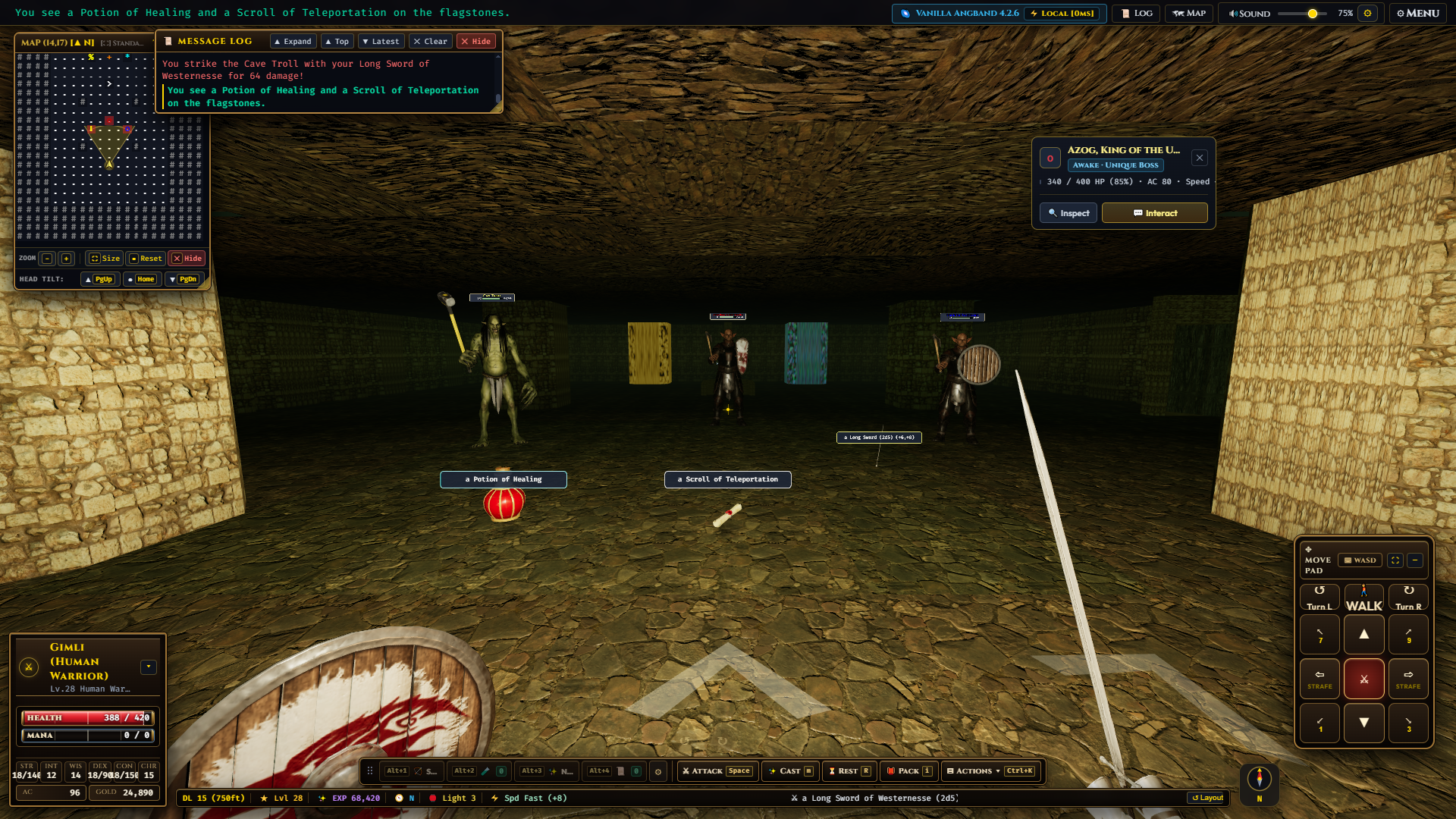 Angband 3D live WebGL combat at Depth 15 showing 3D Cave Troll, Azog King of the Uruk-Hai, first-person sword and shield viewmodel, and non-modal 3D Entity Inspection Popover