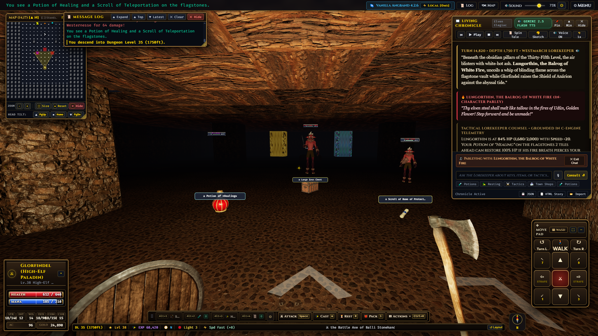 Angband 3D Living Chronicle and Google Gemini Lorekeeper narrating live at Depth 35 against Lungorthin the Balrog and a Death Knight