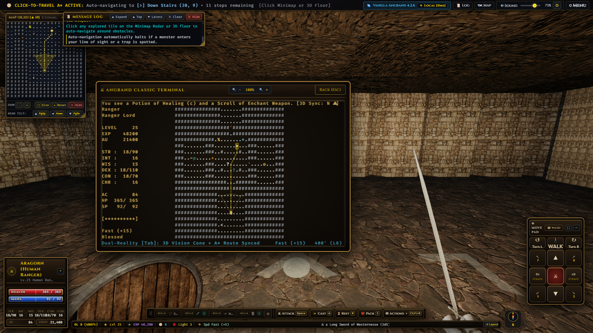 Classic 80x24 Angband ASCII Terminal integrated directly over the 3D WebGL viewport, showing the golden 3D camera FOV vision cone and A* path on the ASCII grid alongside the Noun-to-Verb 3D Item Sheet