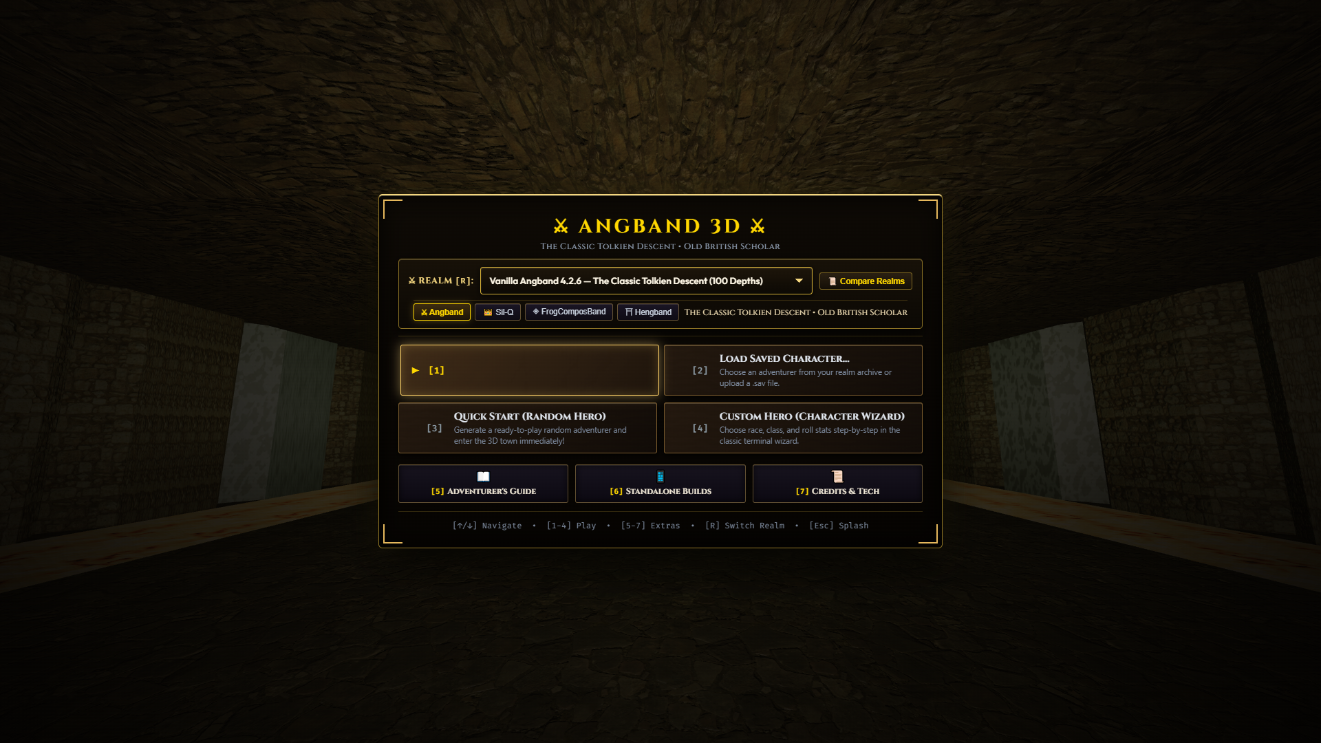 Angband 3D Main Menu 4-Realm Command Deck supporting Vanilla Angband 4.2.6, Sil-Q 1.5, FrogComposBand 7.1, and Hengband 3.0