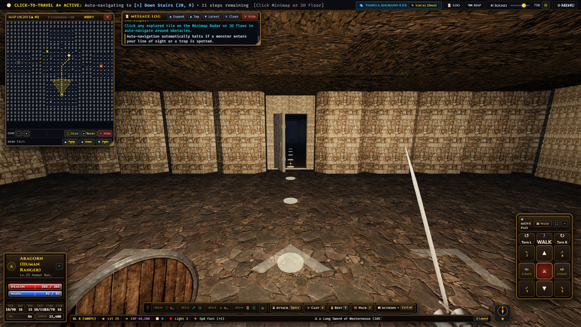 Expanded 360x360 Minimap Radar showing a golden dashed A* navigation route synchronized with 3D floor breadcrumb stepping stones and 8-way Street-View directional chevrons