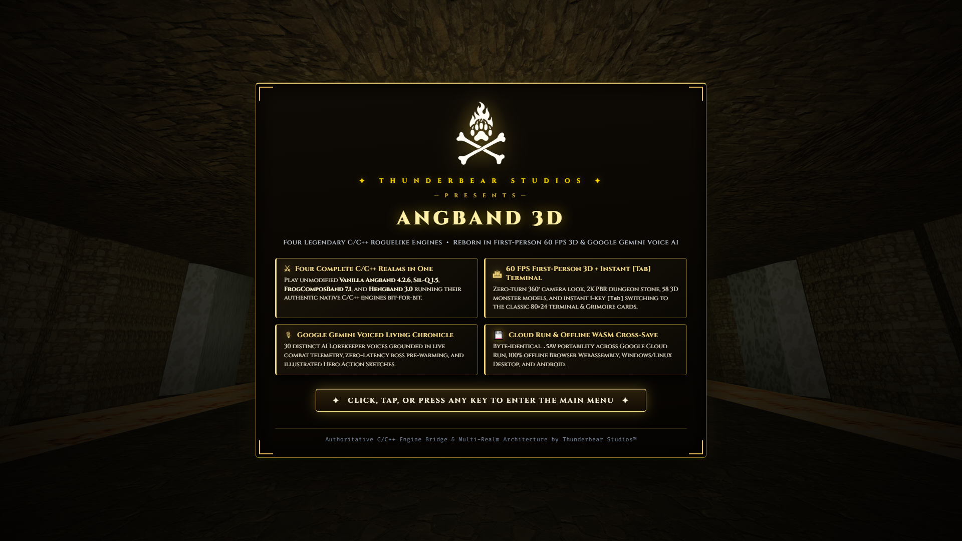 Angband 3D Obsidian Black and Burnished Gold Splash Billboard over a live 3D subterranean stone chamber