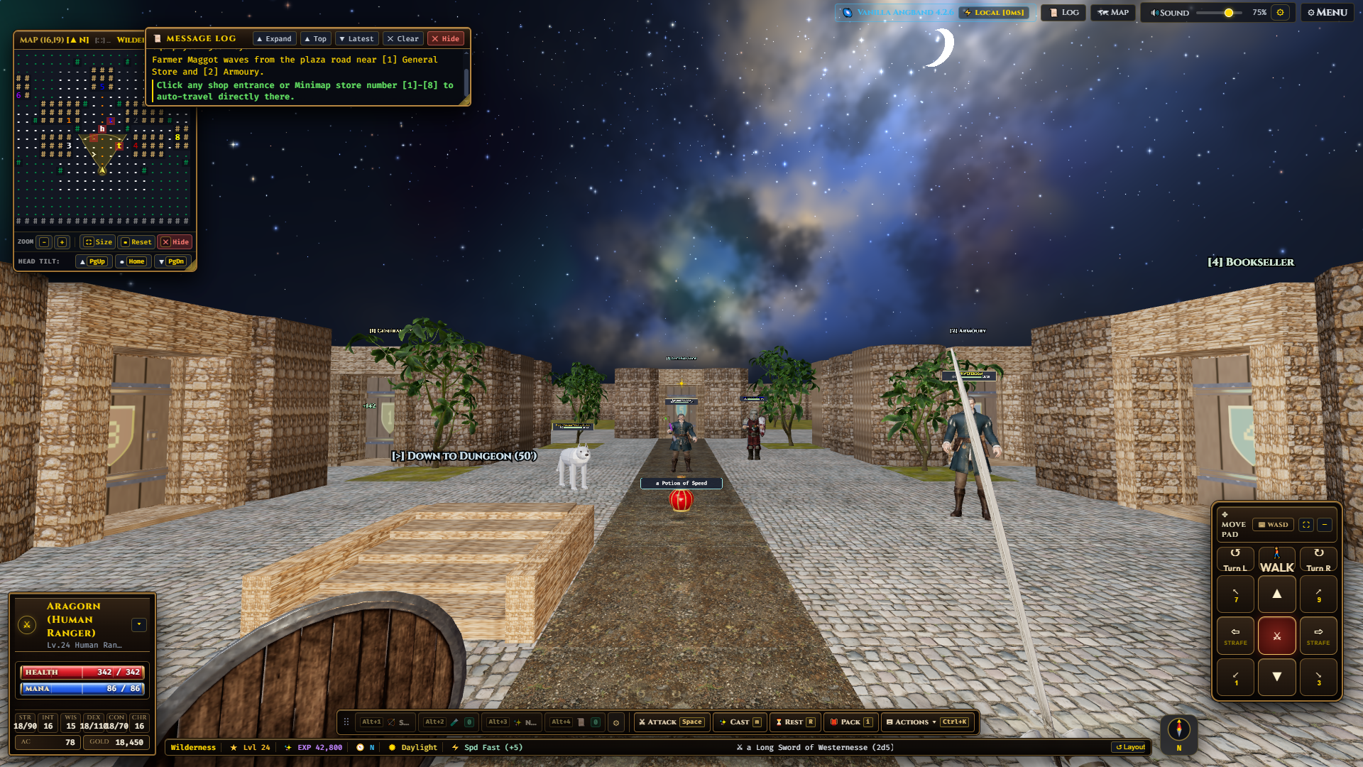 Normal Town of Angband at Depth 0 showing the open starry night sky and nebula, 3D store buildings and signs for General Store, Armoury, Weapon Smiths, Bookseller, and Alchemy Shop, 3D trees, Down Staircase, and Town creatures including Farmer Maggot and Fang